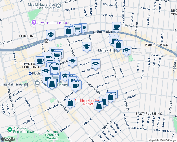 map of restaurants, bars, coffee shops, grocery stores, and more near in Queens