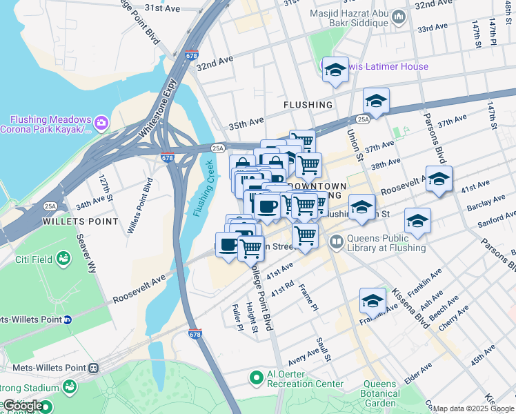 map of restaurants, bars, coffee shops, grocery stores, and more near 37-25 College Point Boulevard in Queens