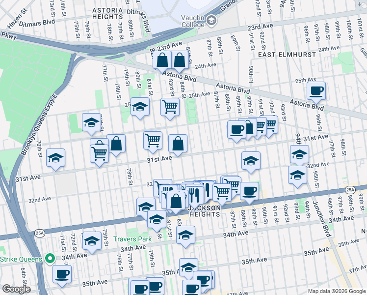 map of restaurants, bars, coffee shops, grocery stores, and more near 30-60 83rd Street in Queens