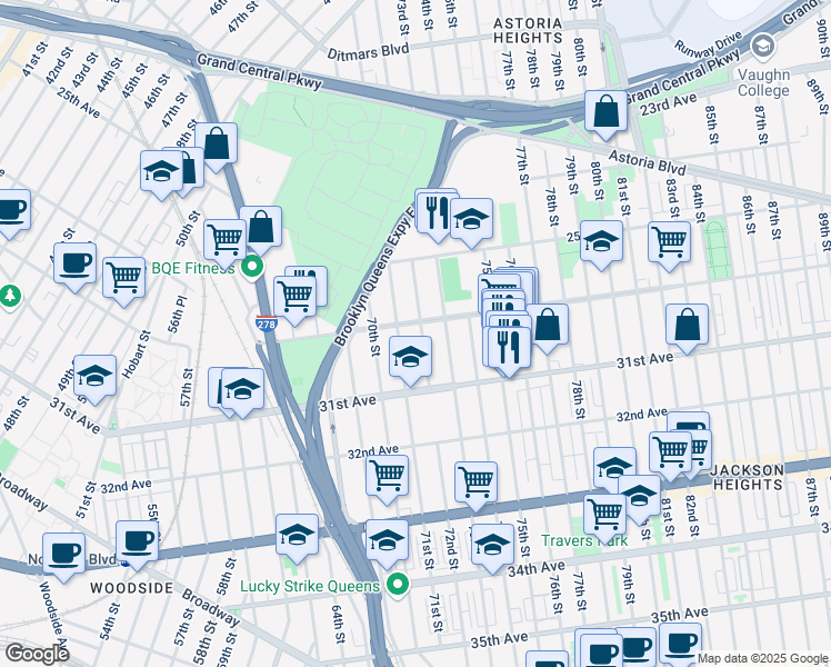 map of restaurants, bars, coffee shops, grocery stores, and more near 30-18 72nd Street in Queens