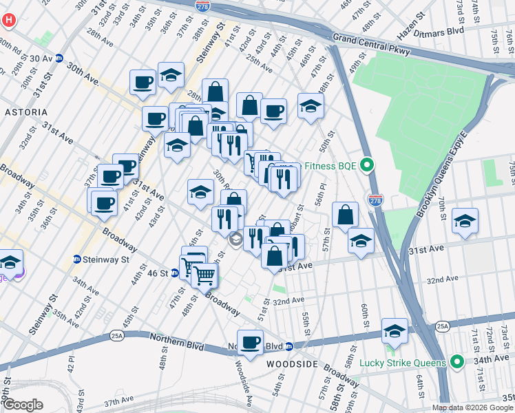 map of restaurants, bars, coffee shops, grocery stores, and more near 30-55 48th Street in Queens