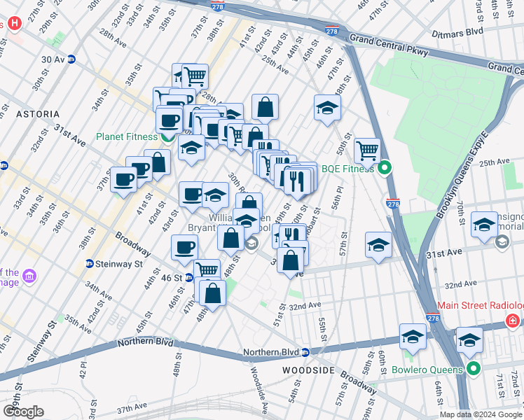 map of restaurants, bars, coffee shops, grocery stores, and more near 30-55 48th Street in Queens