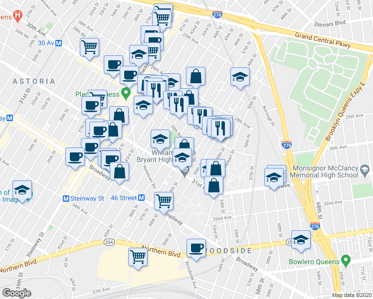 map of restaurants, bars, coffee shops, grocery stores, and more near 30-76 47th Street in Queens