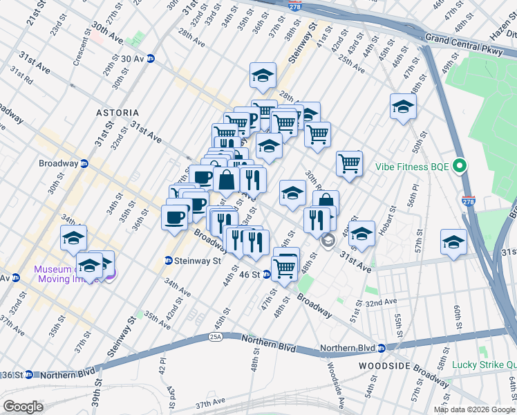 map of restaurants, bars, coffee shops, grocery stores, and more near 31-09 44th Street in Queens