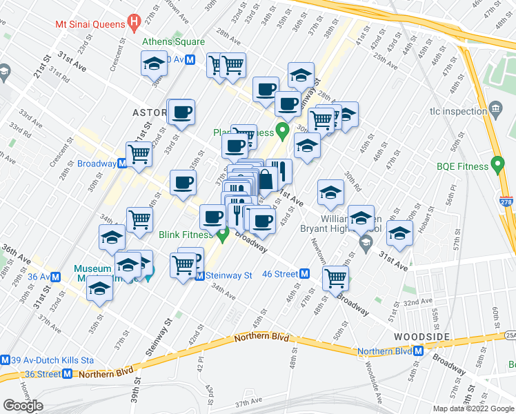 map of restaurants, bars, coffee shops, grocery stores, and more near 31-49 41st Street in Queens
