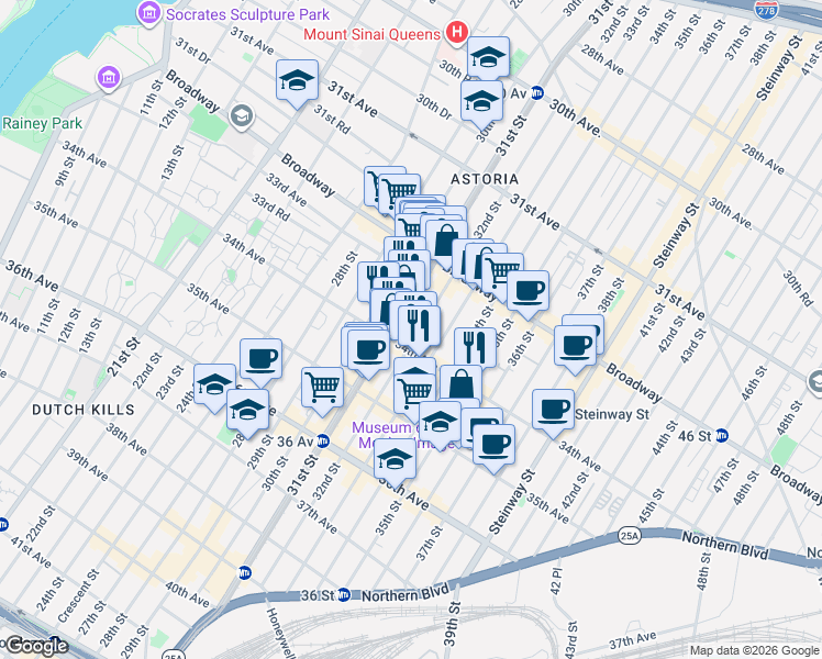 map of restaurants, bars, coffee shops, grocery stores, and more near 32-81 32nd Street in Queens