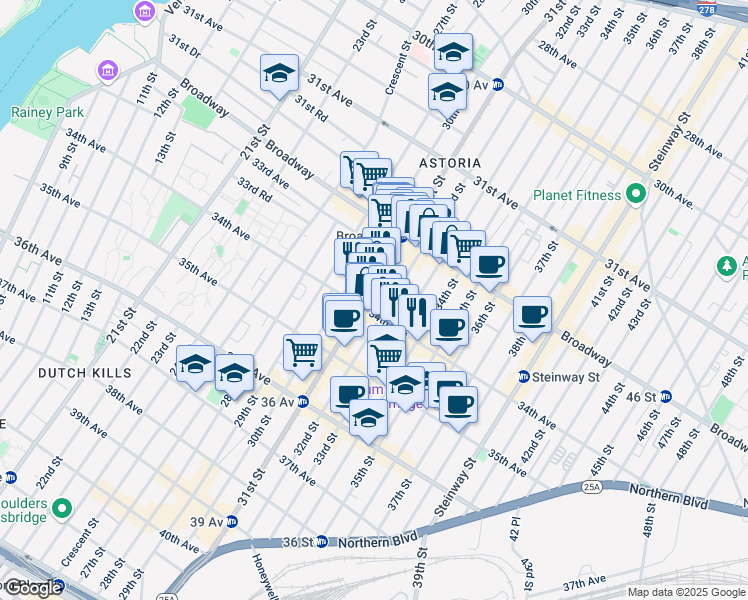 map of restaurants, bars, coffee shops, grocery stores, and more near 32-81 32nd Street in Queens