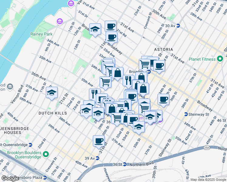 map of restaurants, bars, coffee shops, grocery stores, and more near 3449 28th Street in Queens