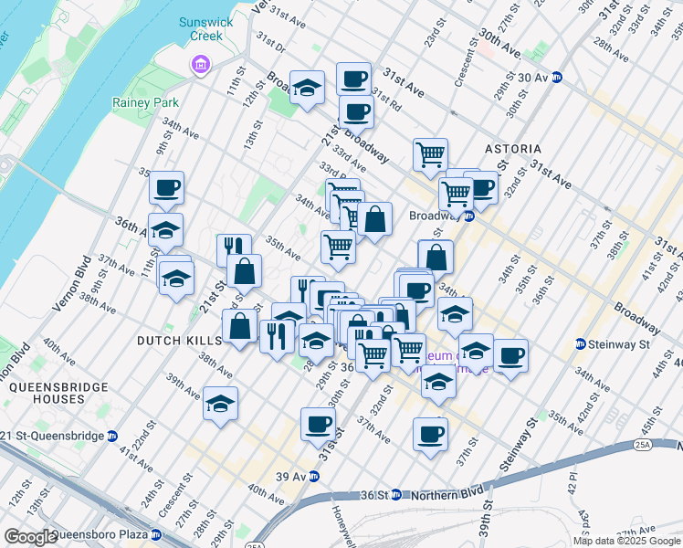 map of restaurants, bars, coffee shops, grocery stores, and more near 35-03 Crescent Street in Queens