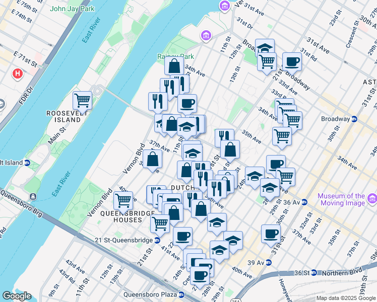 map of restaurants, bars, coffee shops, grocery stores, and more near 12-09 37th Avenue in Queens