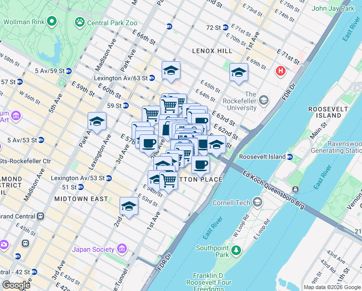 map of restaurants, bars, coffee shops, grocery stores, and more near 331 East 58th Street in New York