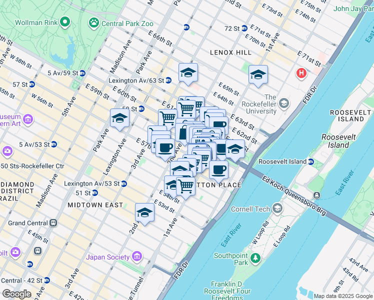 map of restaurants, bars, coffee shops, grocery stores, and more near 331 East 58th Street in New York