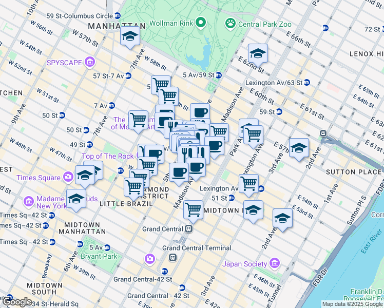 map of restaurants, bars, coffee shops, grocery stores, and more near 7 East 52nd Street in New York