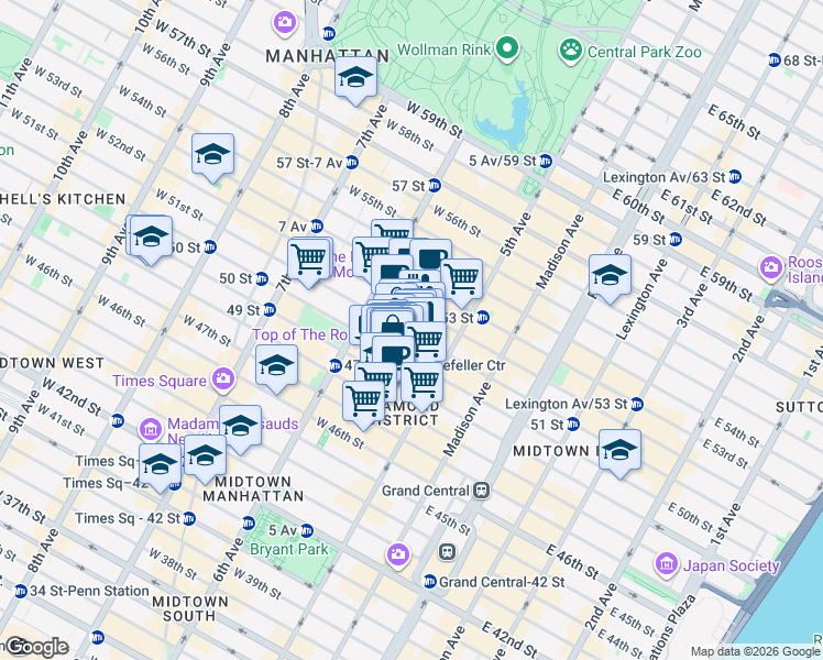 map of restaurants, bars, coffee shops, grocery stores, and more near 14-22 West 51st Street in New York