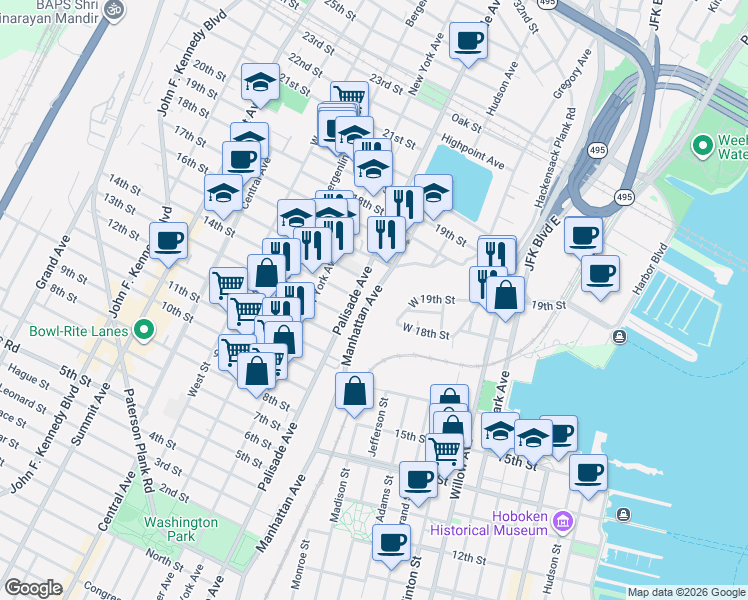 map of restaurants, bars, coffee shops, grocery stores, and more near 60 West 19th Street in Weehawken