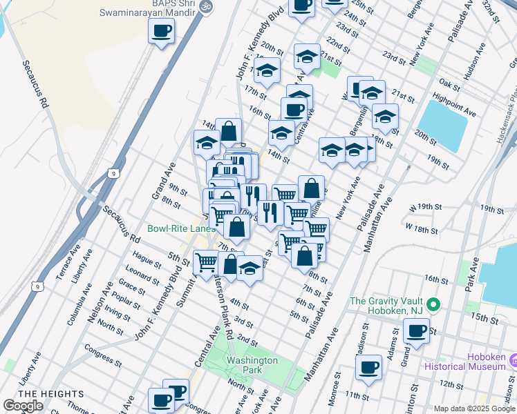 map of restaurants, bars, coffee shops, grocery stores, and more near 708 10th Street in Union City
