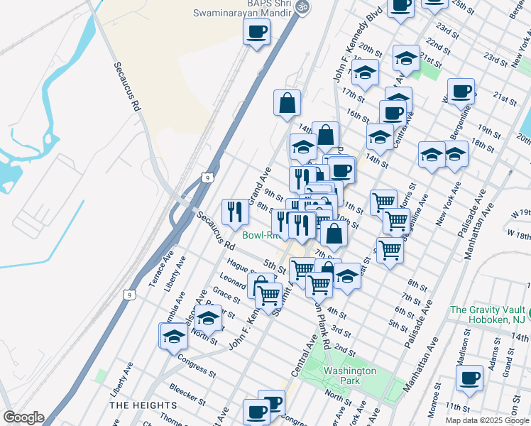 map of restaurants, bars, coffee shops, grocery stores, and more near 1212 7th Street in North Bergen