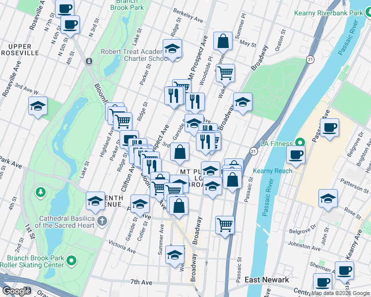 map of restaurants, bars, coffee shops, grocery stores, and more near 118 3rd Avenue in Newark