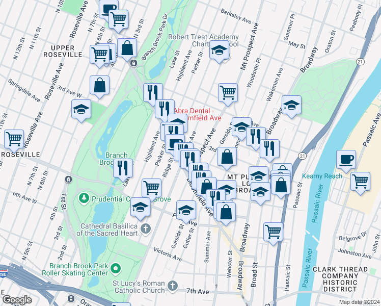map of restaurants, bars, coffee shops, grocery stores, and more near 277 Clifton Avenue in Newark