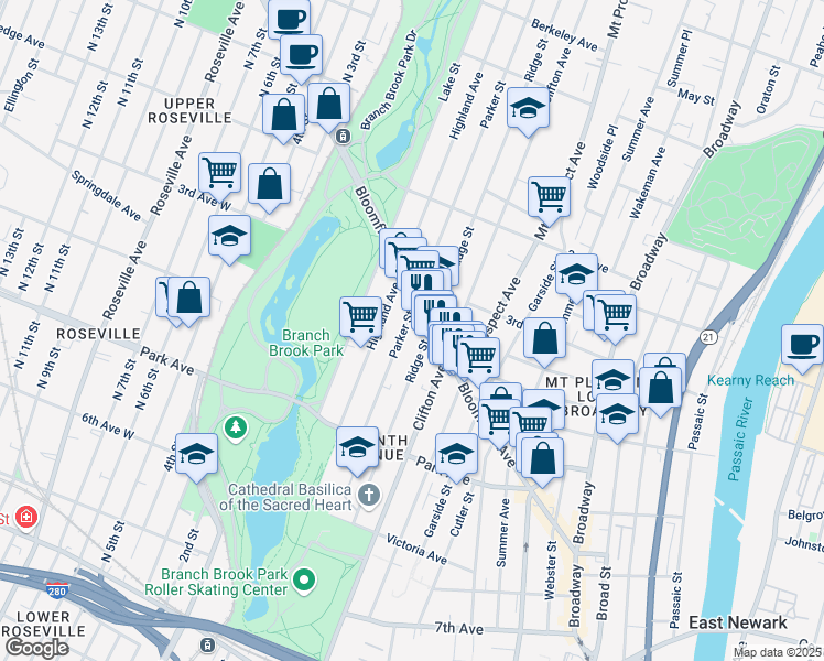 map of restaurants, bars, coffee shops, grocery stores, and more near 196 Ridge Street in Newark