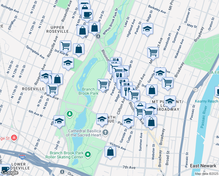 map of restaurants, bars, coffee shops, grocery stores, and more near 79 Highland Avenue in Newark