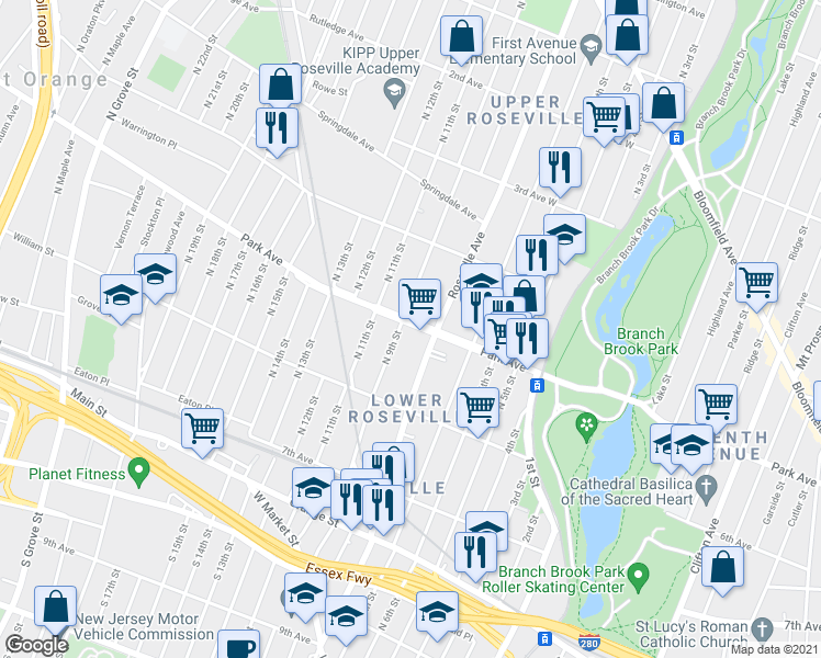map of restaurants, bars, coffee shops, grocery stores, and more near 246 Roseville Avenue in Newark