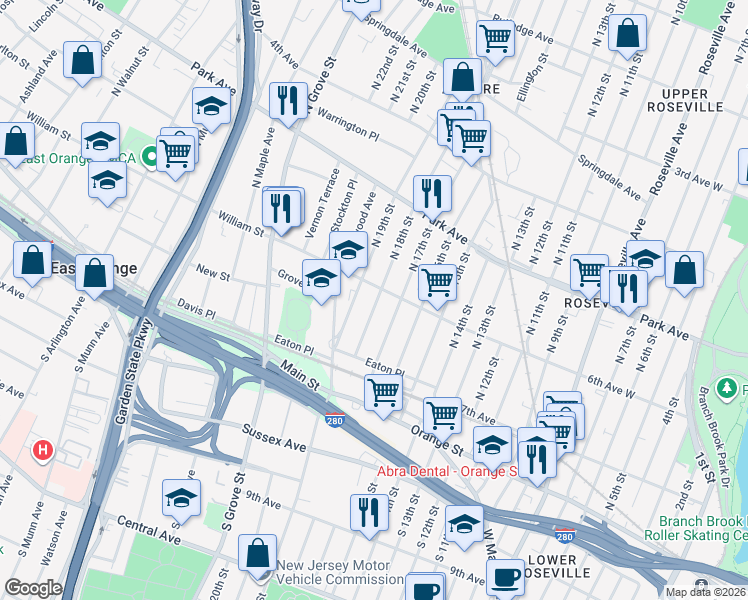 map of restaurants, bars, coffee shops, grocery stores, and more near 100 North 18th Street in East Orange