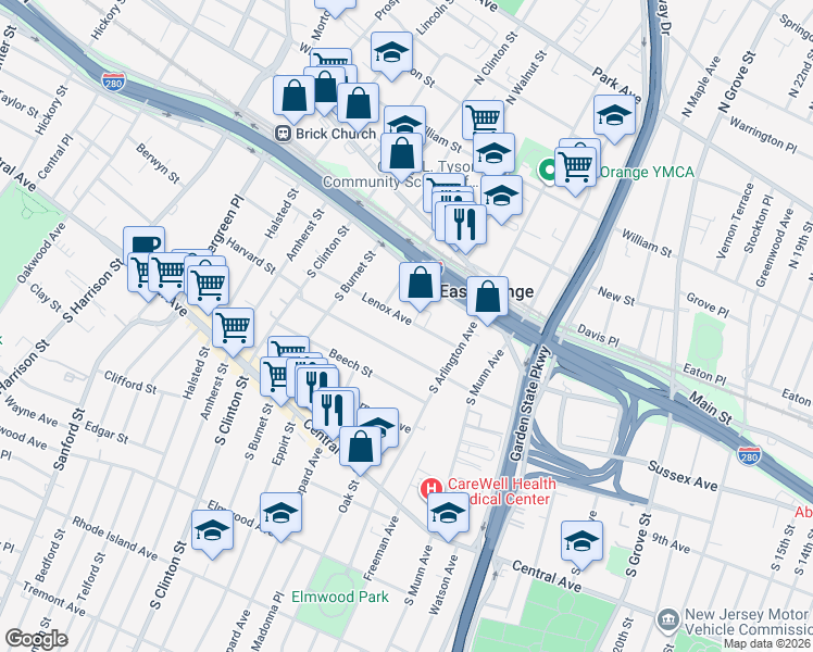 map of restaurants, bars, coffee shops, grocery stores, and more near 41 Lenox Avenue in East Orange