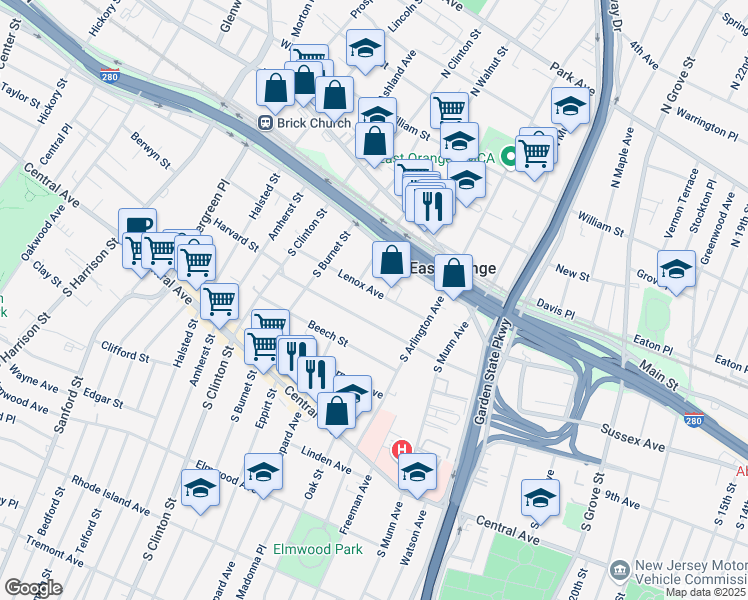 map of restaurants, bars, coffee shops, grocery stores, and more near 45 Lenox Avenue in East Orange