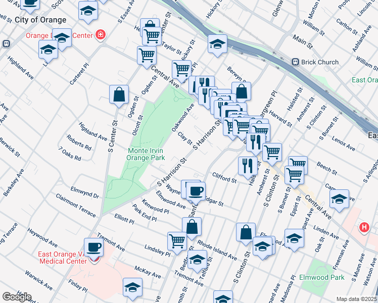 map of restaurants, bars, coffee shops, grocery stores, and more near 280 South Harrison Street in East Orange