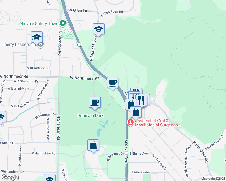 map of restaurants, bars, coffee shops, grocery stores, and more near Rock Island Greenway in Peoria