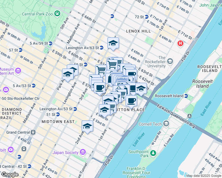 map of restaurants, bars, coffee shops, grocery stores, and more near 311 East 58th Street in New York