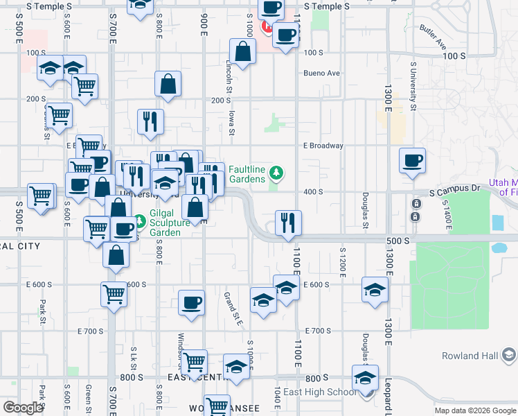 map of restaurants, bars, coffee shops, grocery stores, and more near 1032 400 South in Salt Lake City