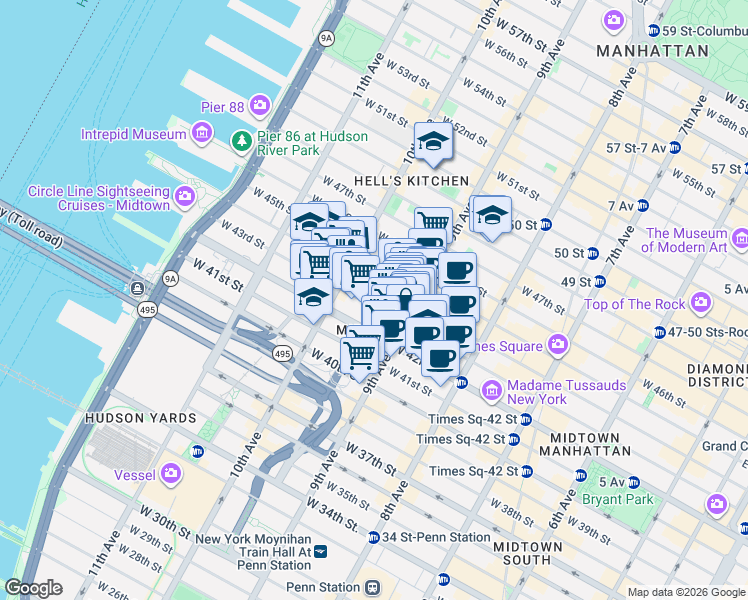 map of restaurants, bars, coffee shops, grocery stores, and more near in New York