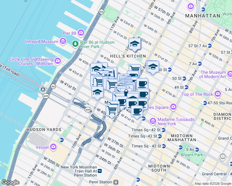 map of restaurants, bars, coffee shops, grocery stores, and more near 437 West 43rd Street in New York