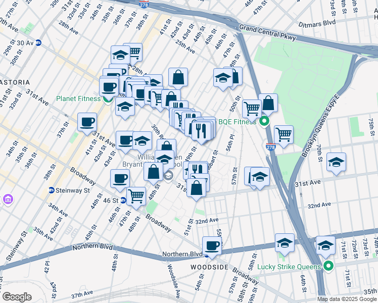 map of restaurants, bars, coffee shops, grocery stores, and more near 30-26 49th Street in Queens