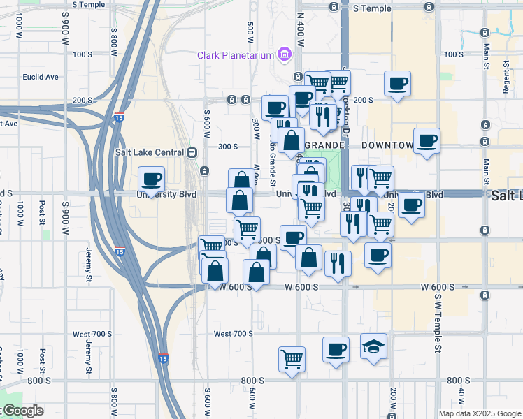 map of restaurants, bars, coffee shops, grocery stores, and more near 400 S 500 W in Salt Lake City