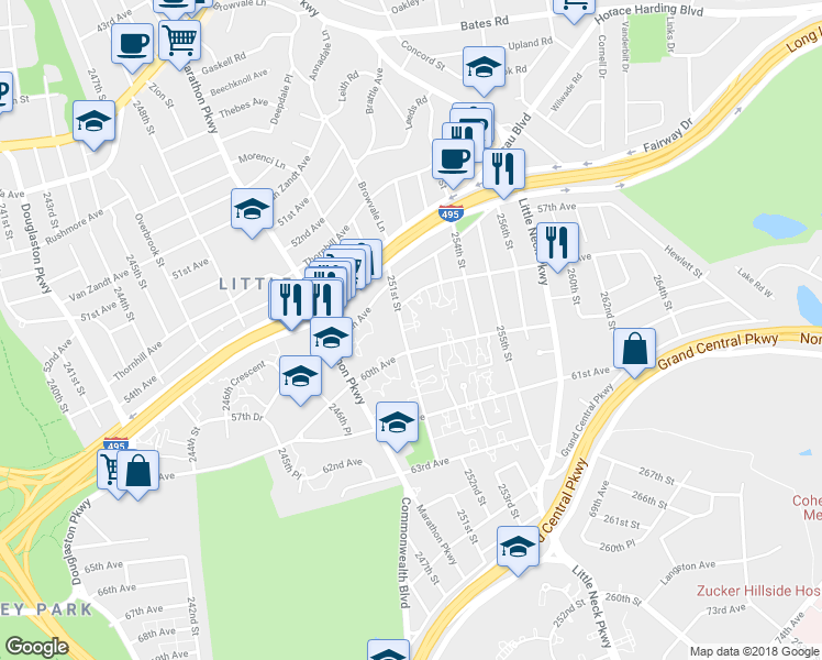 map of restaurants, bars, coffee shops, grocery stores, and more near 58-39 251st Street in Queens