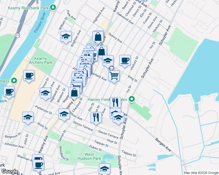map of restaurants, bars, coffee shops, grocery stores, and more near 176 Forest Street in Kearny