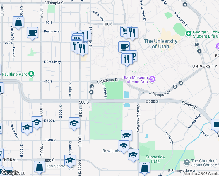 map of restaurants, bars, coffee shops, grocery stores, and more near 451 South 1400 East in Salt Lake City