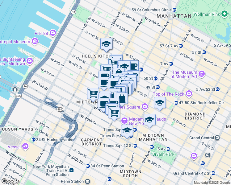 map of restaurants, bars, coffee shops, grocery stores, and more near 325 West 45th Street in New York