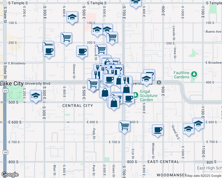 map of restaurants, bars, coffee shops, grocery stores, and more near 624 East 400 South in Salt Lake City