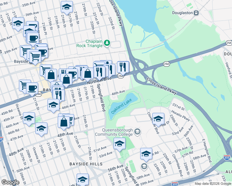 map of restaurants, bars, coffee shops, grocery stores, and more near 220-02 46th Avenue in Queens
