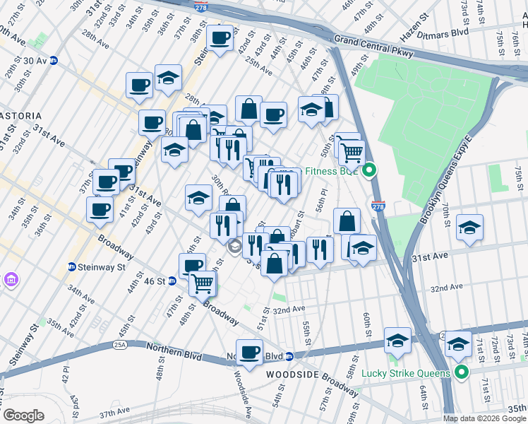map of restaurants, bars, coffee shops, grocery stores, and more near 30-30 50th Street in Queens
