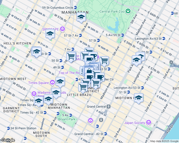 map of restaurants, bars, coffee shops, grocery stores, and more near 44 West 51st Street in New York