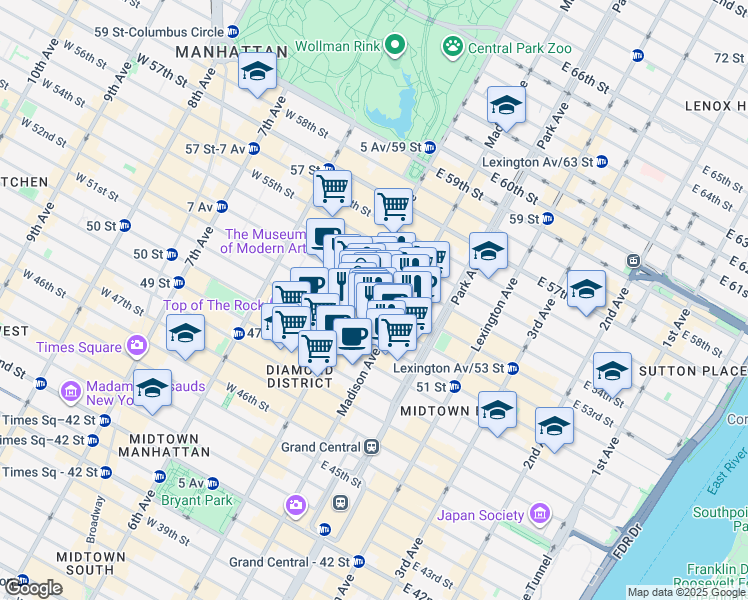 map of restaurants, bars, coffee shops, grocery stores, and more near 7 East 52nd Street in New York