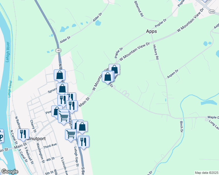 map of restaurants, bars, coffee shops, grocery stores, and more near 4837 Main Street in Walnutport