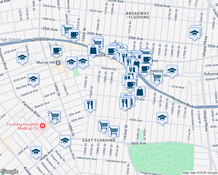 map of restaurants, bars, coffee shops, grocery stores, and more near 42-49 158th Street in Queens