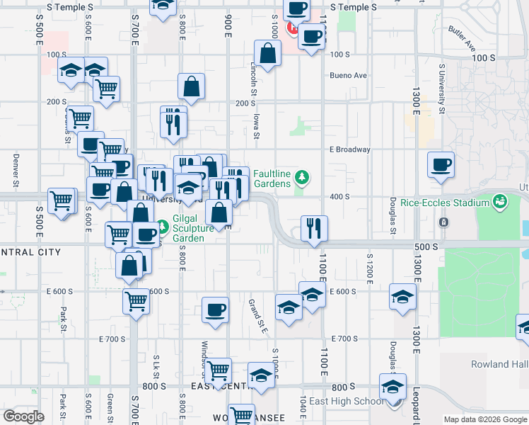 map of restaurants, bars, coffee shops, grocery stores, and more near 1027 Barbara Place East in Salt Lake City