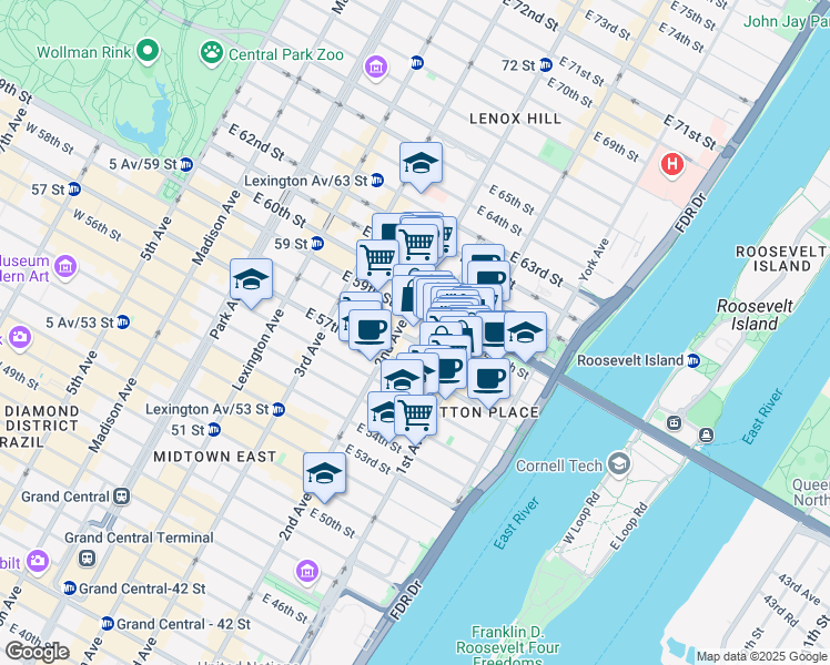map of restaurants, bars, coffee shops, grocery stores, and more near 311 East 58th Street in New York